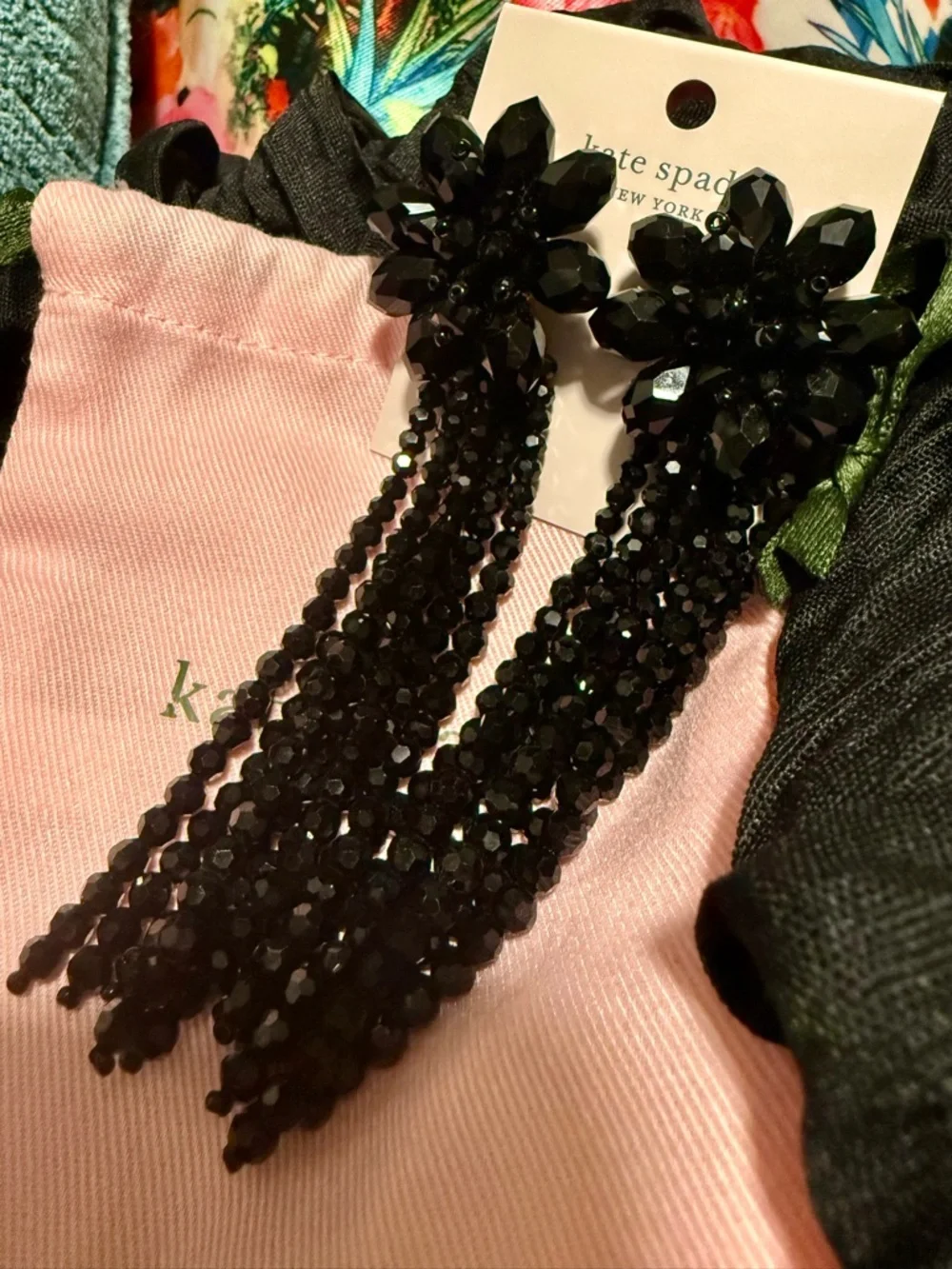 kate spade Black Crystal Floral Flourish Tassel statement Earrings 4”